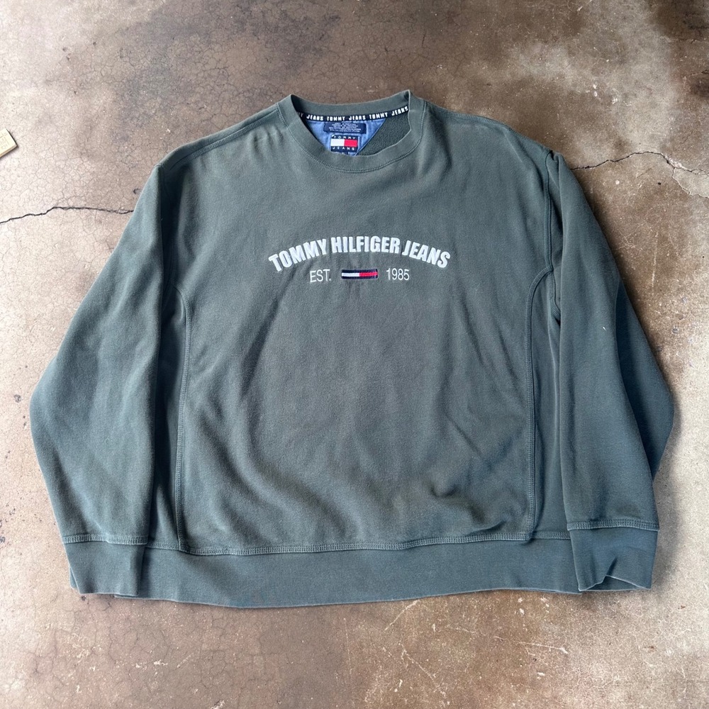 Tommy Hilfiger Jeans Sweatshirt Mens XL Green Excellent Embroidered Logo Crew